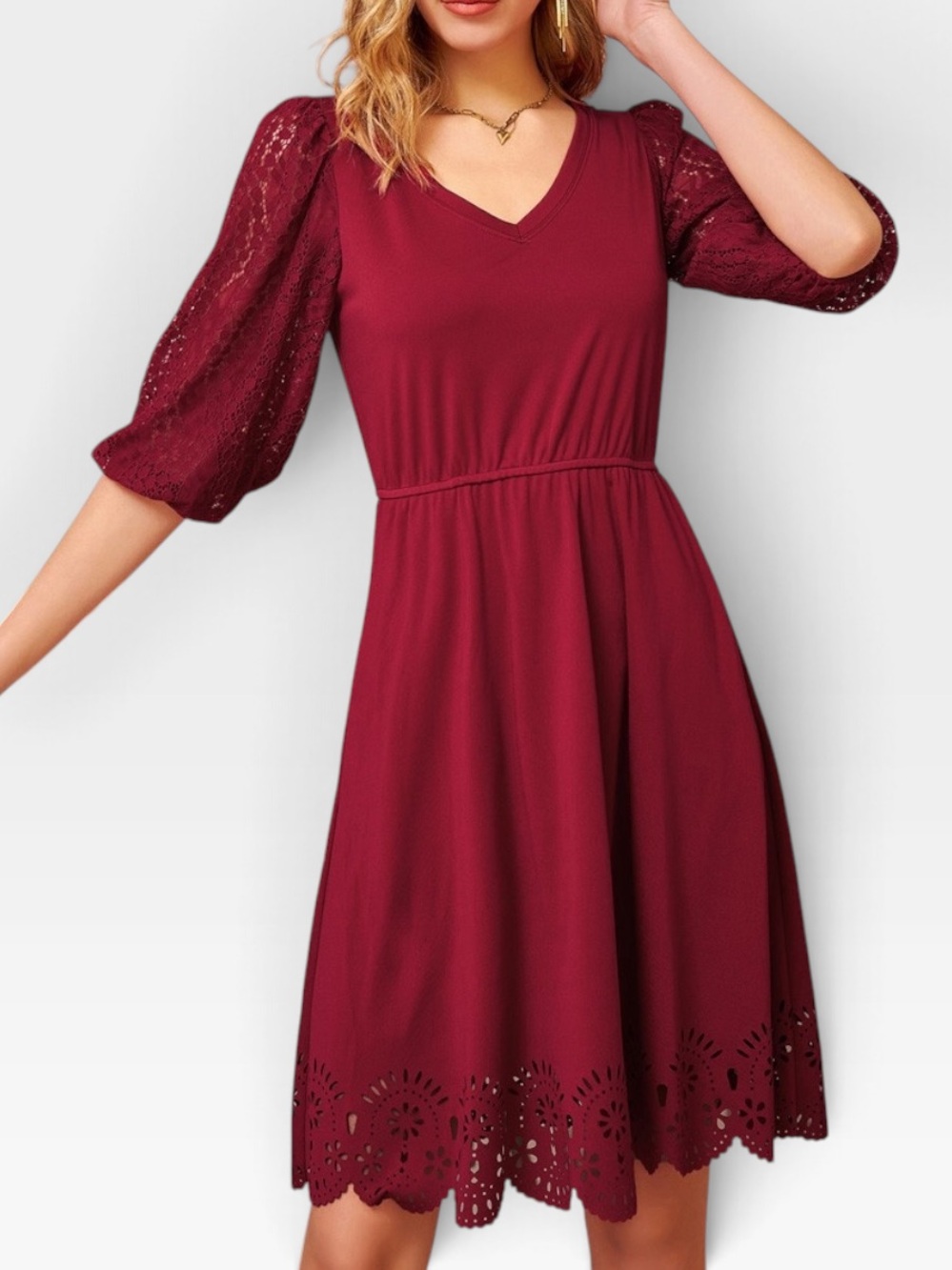 Grace Karin V-Neck Midi Dress with Lace Puff Sleeves